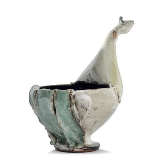 Coupe oiseau en faïence sur piédouche - Albert Diato