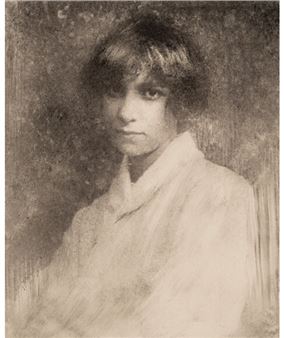 A soft-focus portrait of a person with dark hair and bangs, wearing a light-colored high-collared garment.