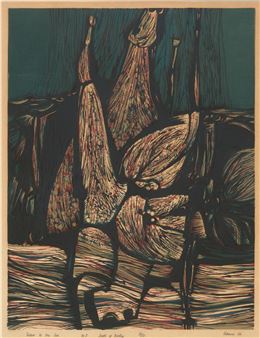 A dramatic woodcut print of a ship's sails in rough seas.
