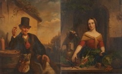 Artwork by J. van de Velde, "La marchande de légumes"; "Le marchand de vins", Made of oils on panel