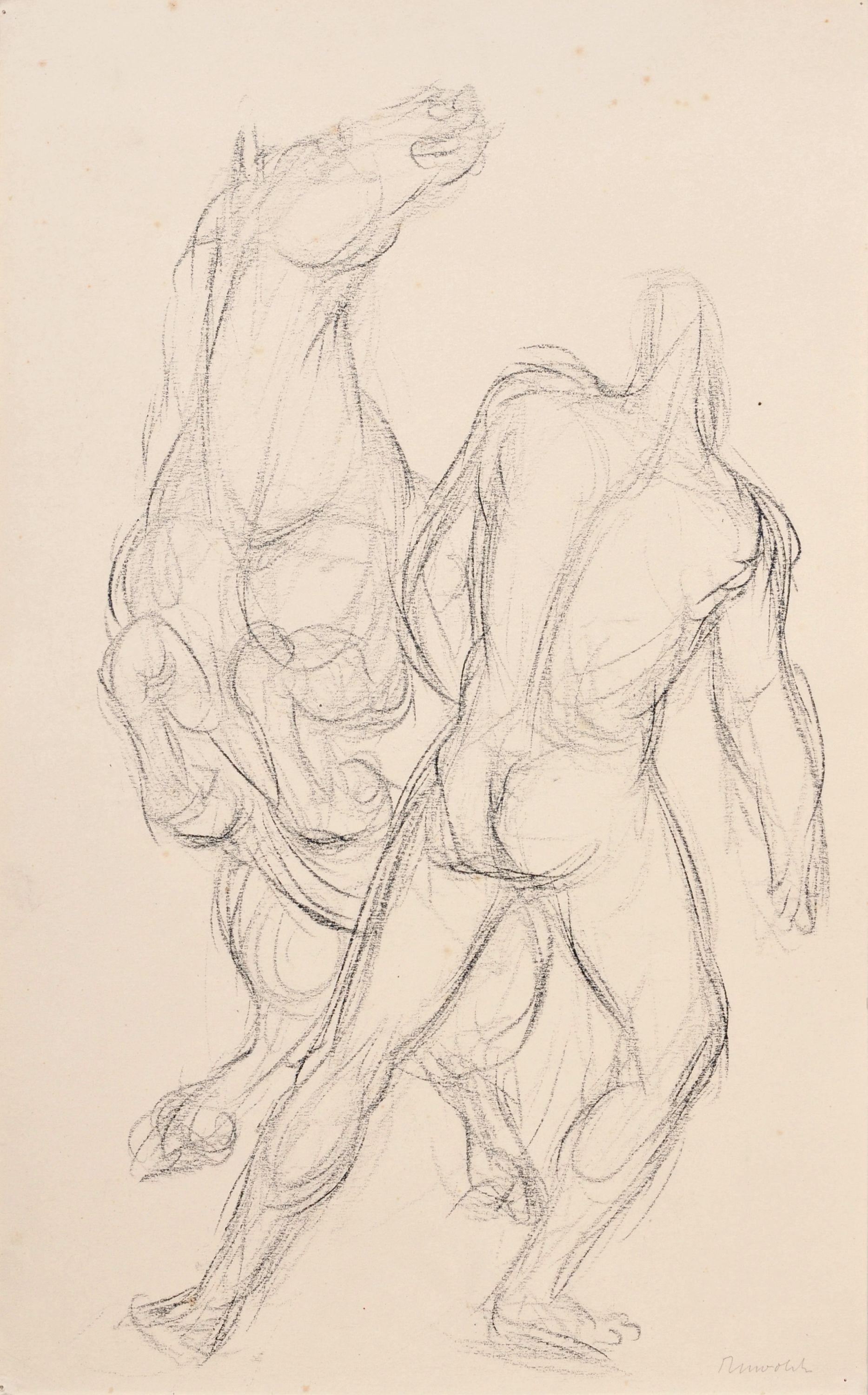 Artwork by Hans Martin Ruwoldt, Sich aufbäumendes Pferd und männlicher Akt, Made of Black chalk on stiff paper