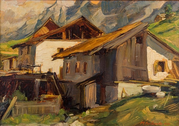 Artwork by Manlio Furlanetto, Farmhouses in the mountains, Made of oil painting on wood