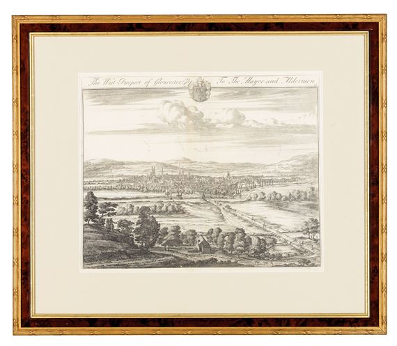 Cirencester, the seat of Allen Bathurst Esq.; Broadwell, the seat of Danvers Hodges Esq.; The West Prospect of Gloucester to the Mayor and Alderman; Witcombe Park, the seat of Sir Michaell Hickes; Badminton, the seat of the Duke of Beaufort; Miserden, the seat of William Sandys; and Wyck, the seat of Richard Haynes, Esq.: from Britannia Illustrata by Johannes Kip