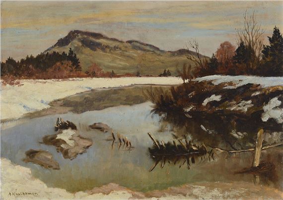 southern German winter landscape by the lake by Adolf Kapfhamer