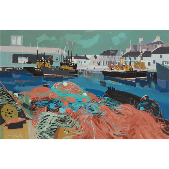 A vibrant print of a harbor scene with fishing boats and a colorful abstract foreground.