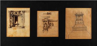 Three architectural sketches for the Monument to Vittorio Emanuele II in Rome, mounted in a single frame - Giuseppe Sacconi