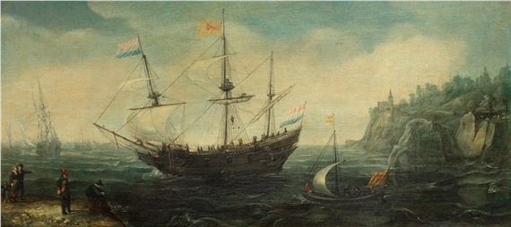 Shipping at anchor in a bay by Cornelis Verbeeck