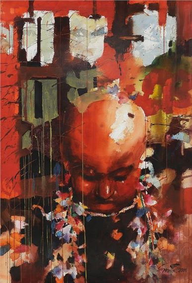 A portrait of a bald figure with floral decorations, set against an abstract background of dripping paint and geometric shapes.