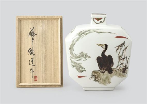White glazed flask depicting cormorant in overglaze enamel