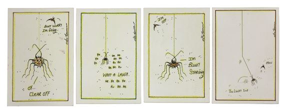 Four handmade postcards of spider cartoons by Charles Bronson, 2003, 2005 and 2006