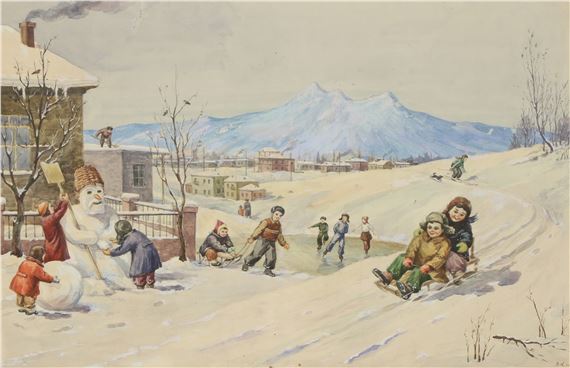 Playing in the snow by Vagan Kazhoyan, 1956