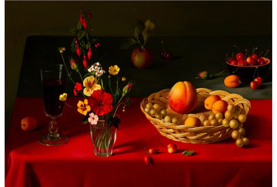 Glass of wine with fruit and flowers by Fernand Renard