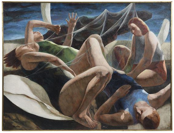 A surreal composition of three figures in swimwear entangled by a net against a dark blue background.
