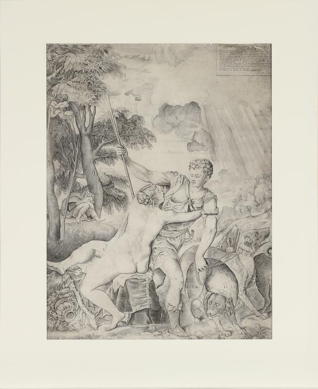 Artwork by Titian, Giulio Sanuto, Venus and Adonis, Made of Engraving mounted in passepartout