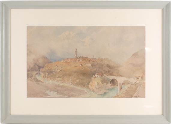 A village in a mountainous landscape, with a bridge and river below it by Henry Richard Beadon Donne