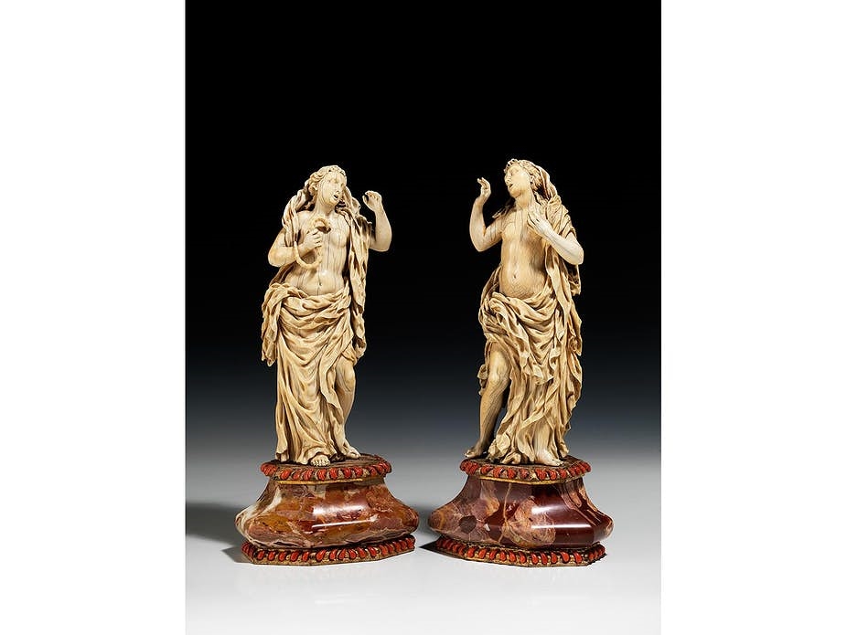 Artwork by Giacomo Serpotta, MUSEAL PAIR OF FIGURES IN IVORY: CLEOPATRA AND LUCRETIA, Made of Ivory, On a marble base with coral decoration