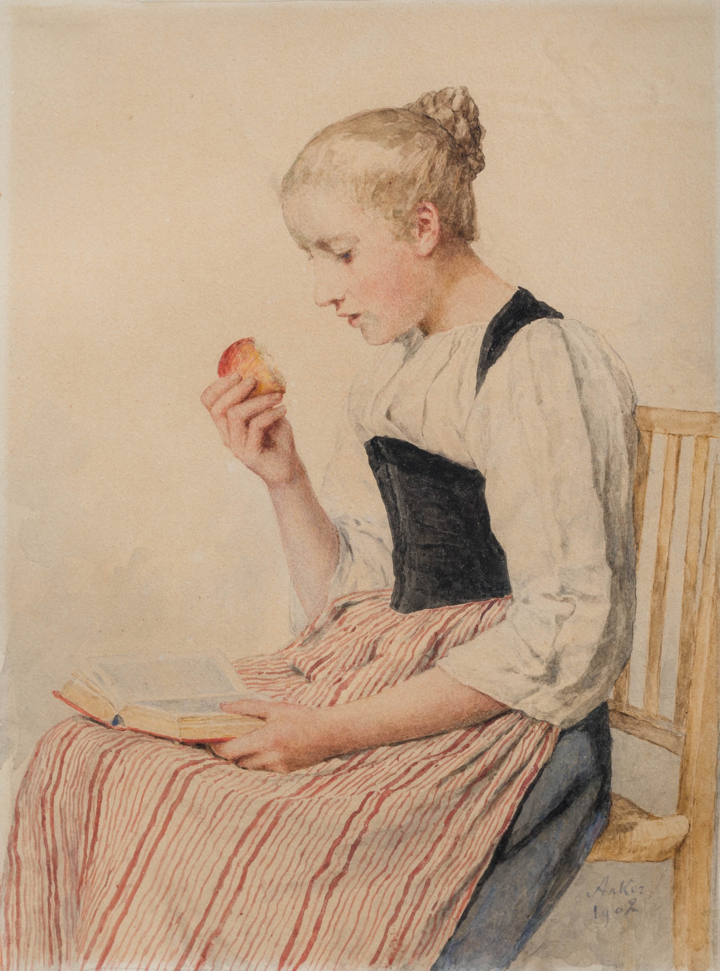 Lesendes Mädchen mit Apfel by Albert Anker, 1902