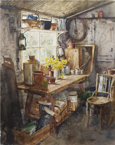 In the Workshop, watercolour by Neil Faulkner