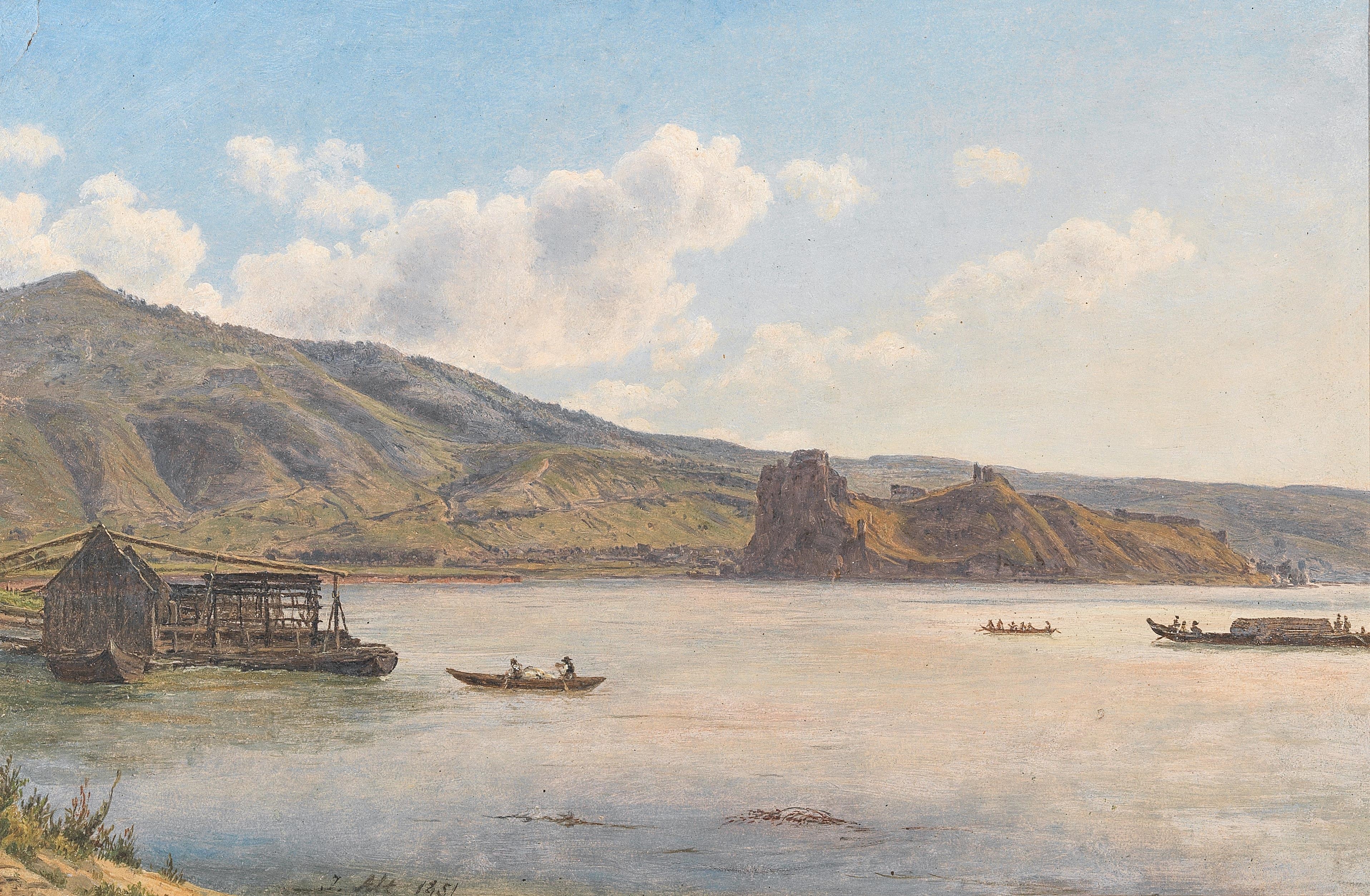 The ruins of Theben (Devin) near Bratislava, boats in the foreground by Jakob Alt, 1851