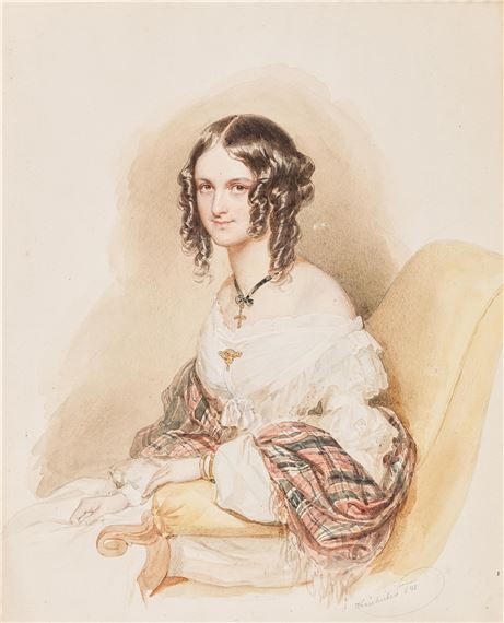 Portrait of a young lady with a chequered scarf, seated in an armchair by Josef Kriehuber, (1)840