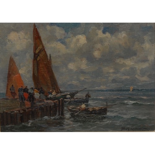 Artwork by Ilio Giannaccini, Figures on the Harbour, Made of oil on board