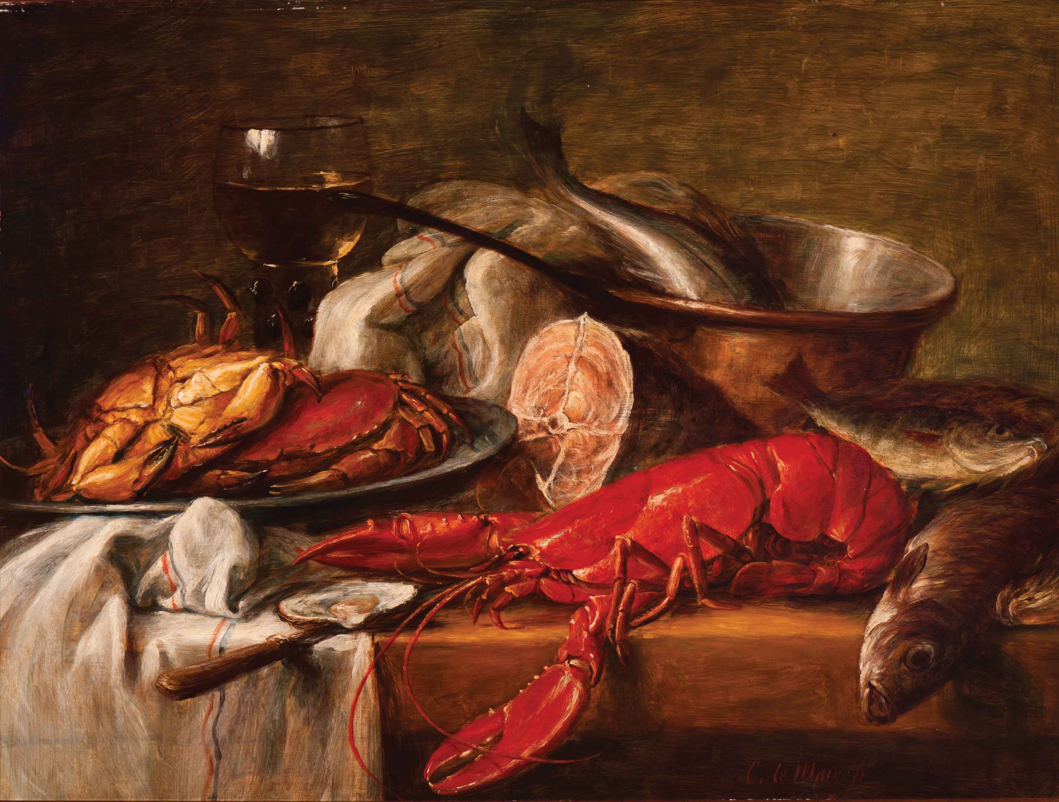 Artwork by Cornelis le Mair, Stilleven met vis en schaaldieren, Made of board