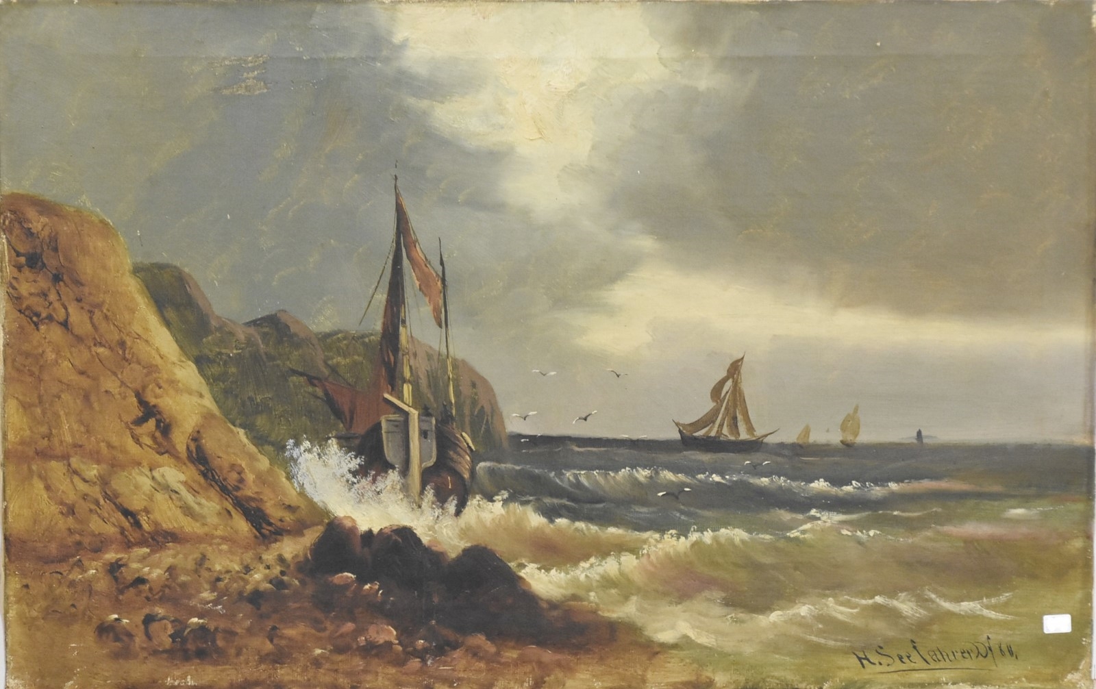 Artwork by H. Seefahrer, Havariertes Segelschiff vor felsiger Küste, Made of oil on canvas