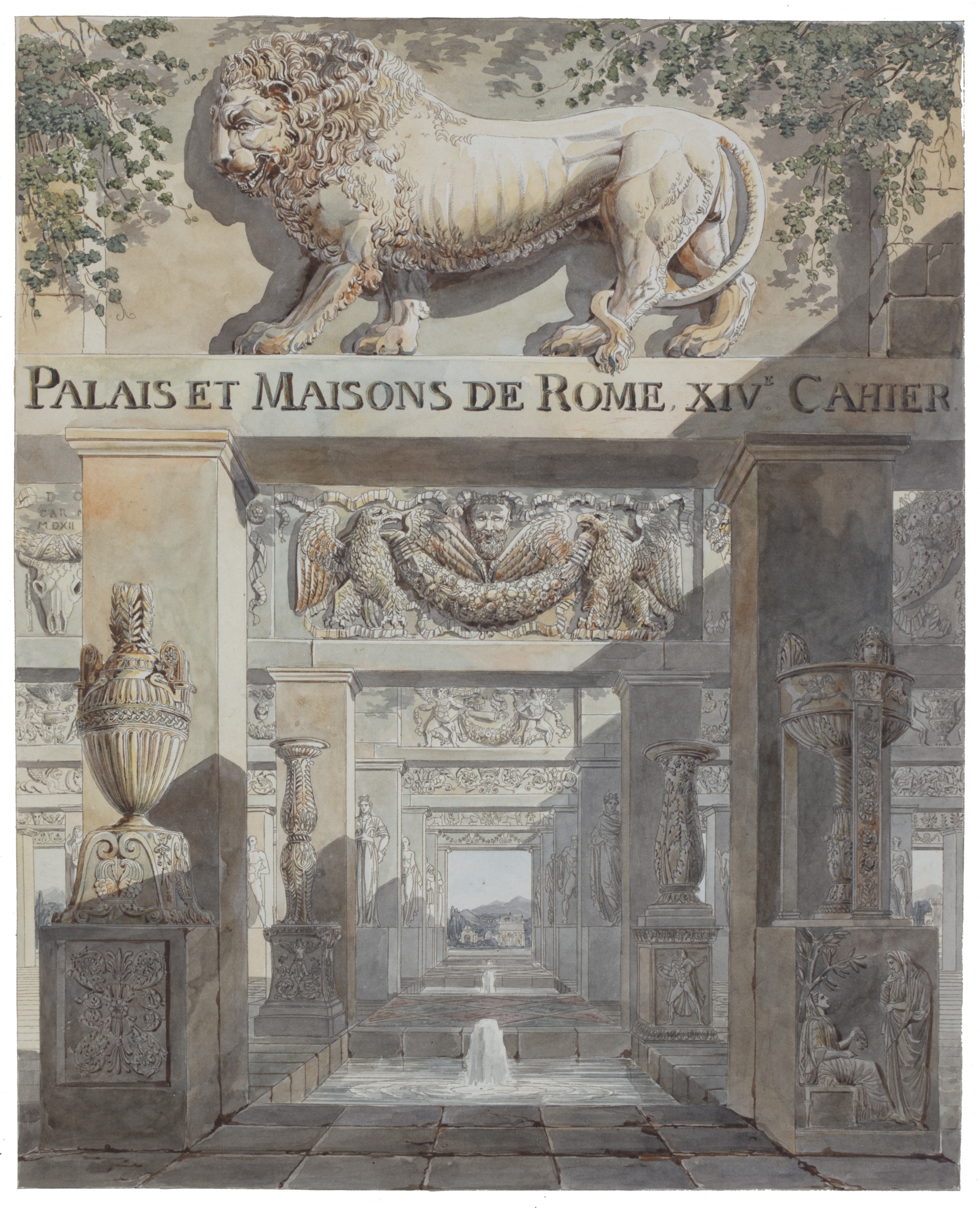 Artwork by Charles Percier, Fronstispicio "Palais et Maisons de Rome XIVe Cahier", Made of Illuminated watercolor engraving
