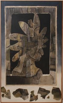 A fragmented portrait composed of stone-like shards against a dark void.