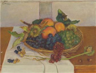 A still life painting of a woven basket overflowing with colorful fruit and loose grapes on a wooden table.