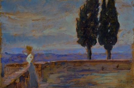 Artwork by Francesco Gioli, PAESAGGIO CON TERRAZZA E FIGURA, Made of Oil on board