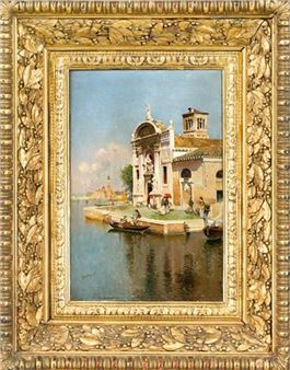 View of Venice with figures in front of a chapel at the canal and the Campanile die San Marco in the background - Cézár Herrer