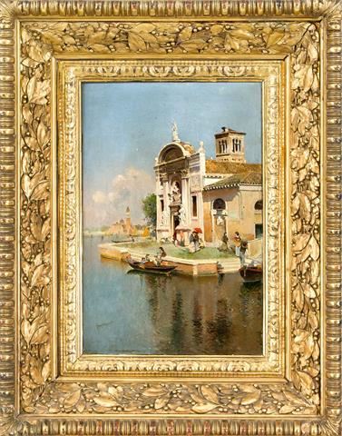 View of Venice with figures in front of a chapel at the canal and the Campanile die San Marco in the background by Cézár Herrer