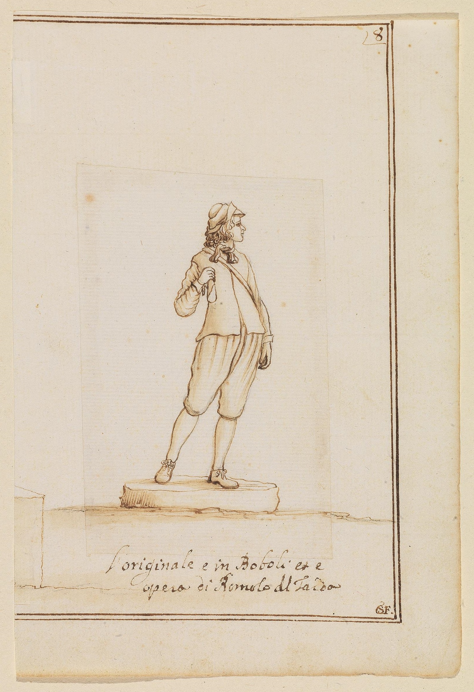 Artwork by Sebastian Fulcarus, STUDY OF A SCULPTURE IN BOBOLI, Made of black chalk, pen and ink, brush and wash, laid paper