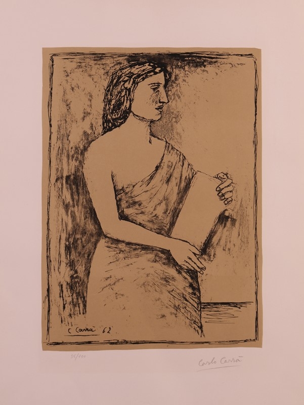 Artwork by Carlo Carrà, DONNA CON LIBRO, Made of lithograph in two colors