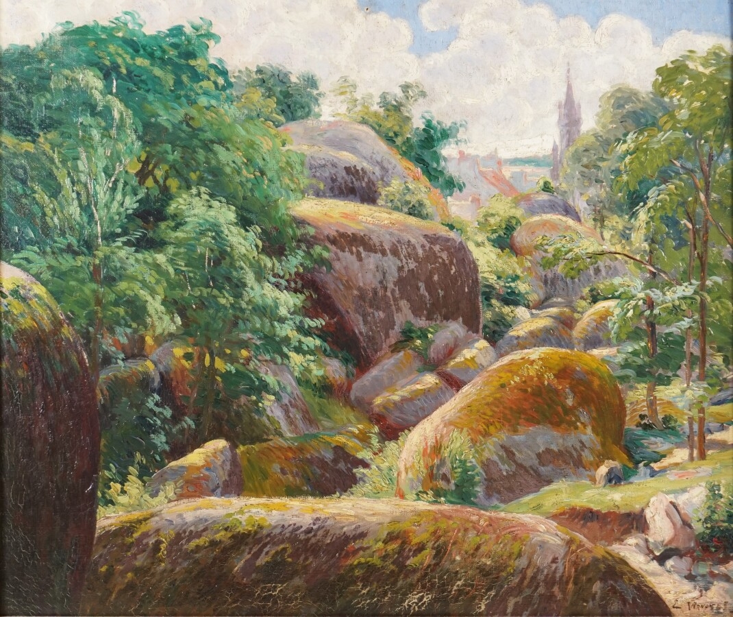 Artwork by Émile Vernon, "Le clocher du village, vue du Chaos du Hualgoat", Made of Oil on canvas