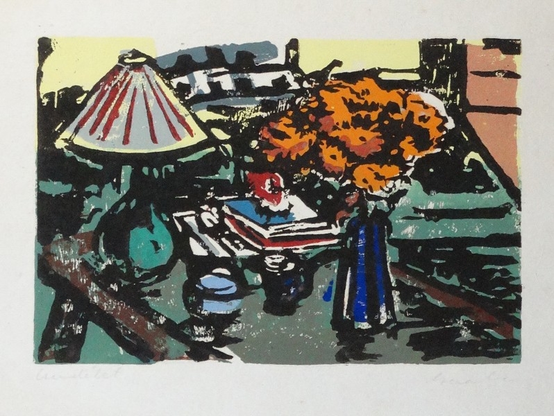 Artwork by Éva Gera, Csendélet, Made of paper, color linocut