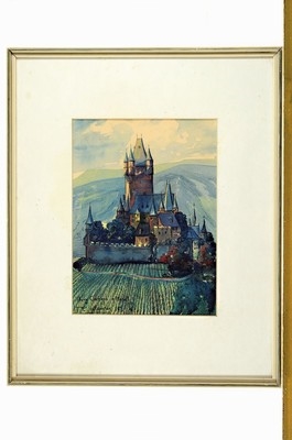 Artwork by Ernst Meurer, view of Cochem Castle on the Moselle, Made of gouache on paper