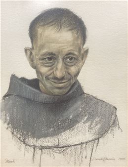 A charcoal portrait of a person in a dark hooded garment, rendered with expressive shading and visible texture.