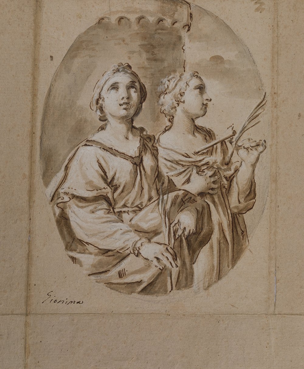 Artwork by Simone Gionima, "SANTA ÚRSULA Y SANTA BÁRBARA", Made of Charcoal, pen, wash and clarion on laid paper