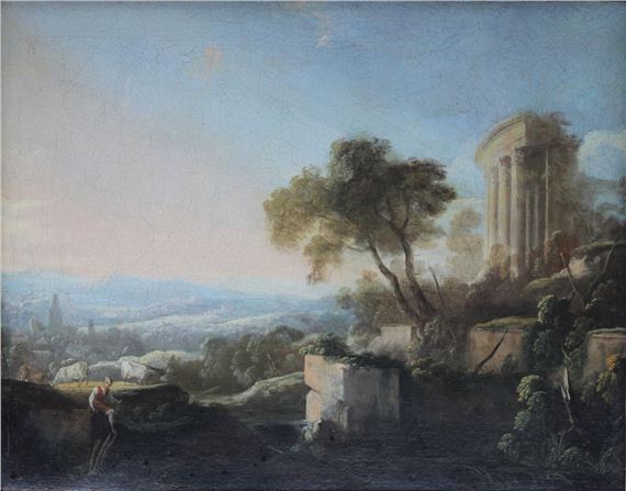 Landscape with a shepherd sitting on a rock by Pierre Antoine Patel, 1701