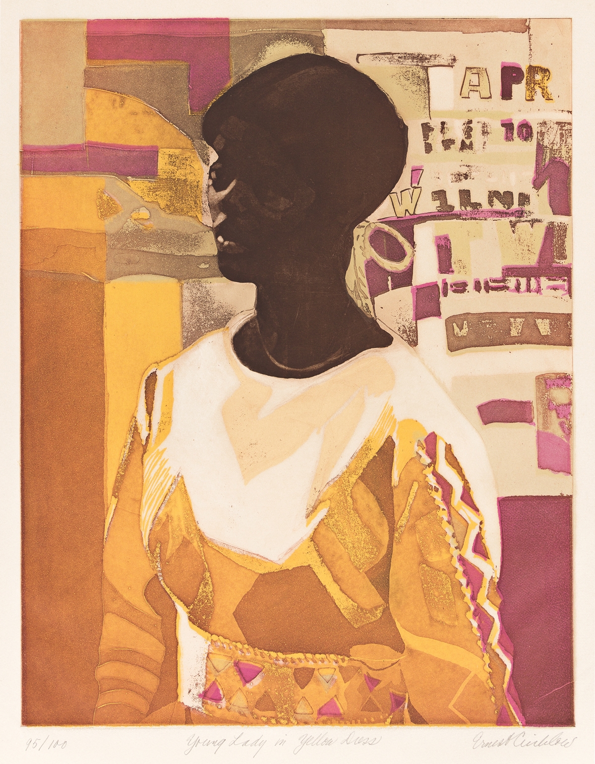 Artwork by Ernest Crichlow, Young Lady in Yellow Dress, Made of Color etching and aquatint