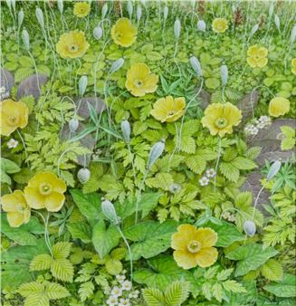 A lush, detailed botanical study of yellow poppies amidst a dense garden.