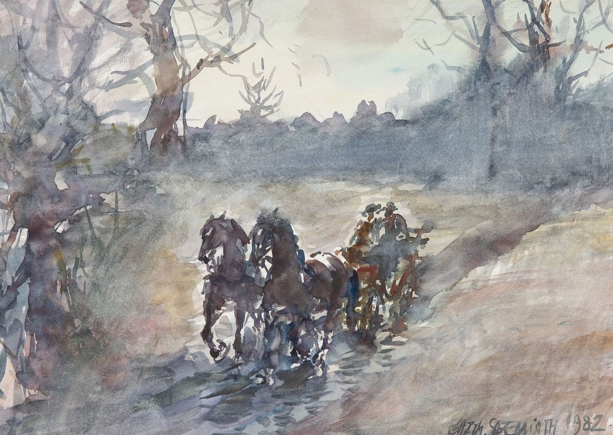 Artwork by Kazimierz Szemioth, POWÓZ O ZMIERZCHU, Made of Watercolor, paper