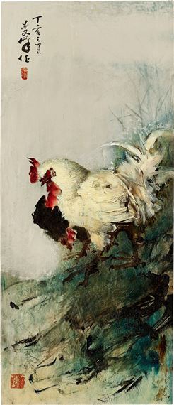 Rooster and Chicken ucu by Lee Man Fong, dated 1947