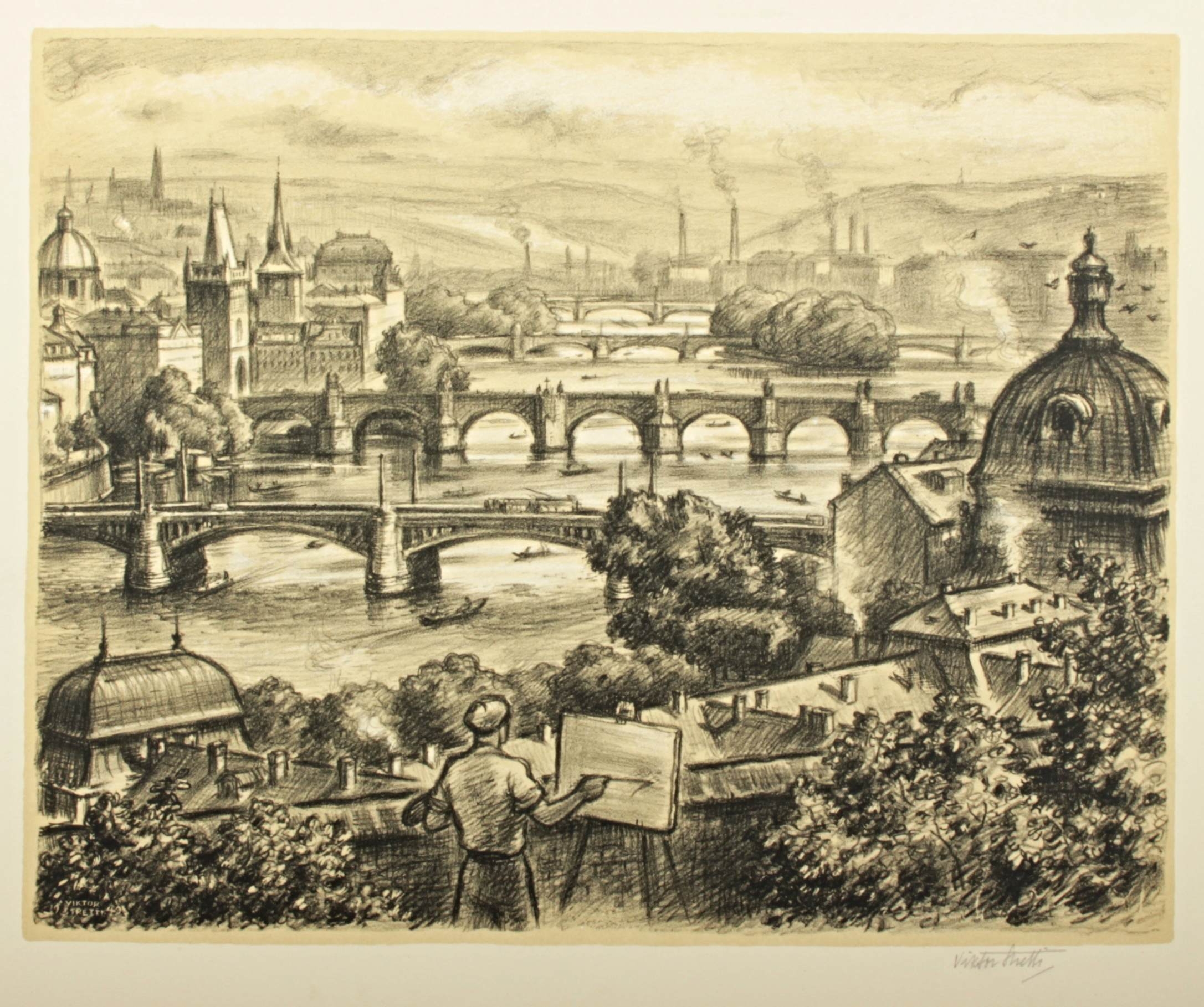 Pohled na pražské mosty by Viktor Stretti, rok 1949