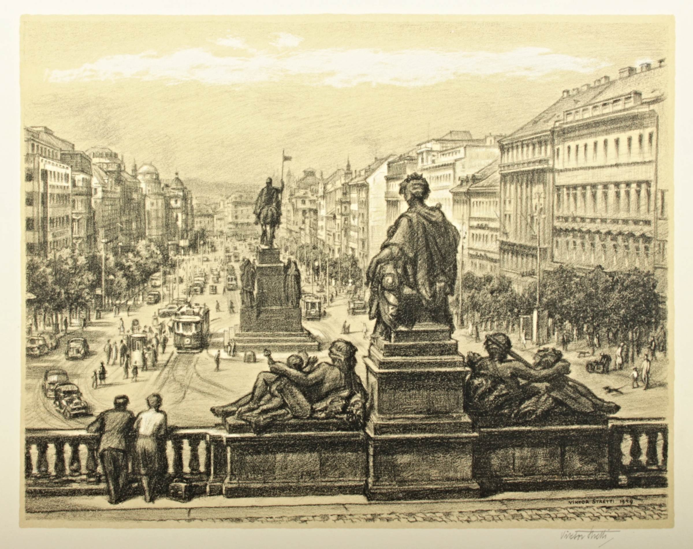 Pohled na Václavské náměstí od Národního muzea by Viktor Stretti, rok 1949