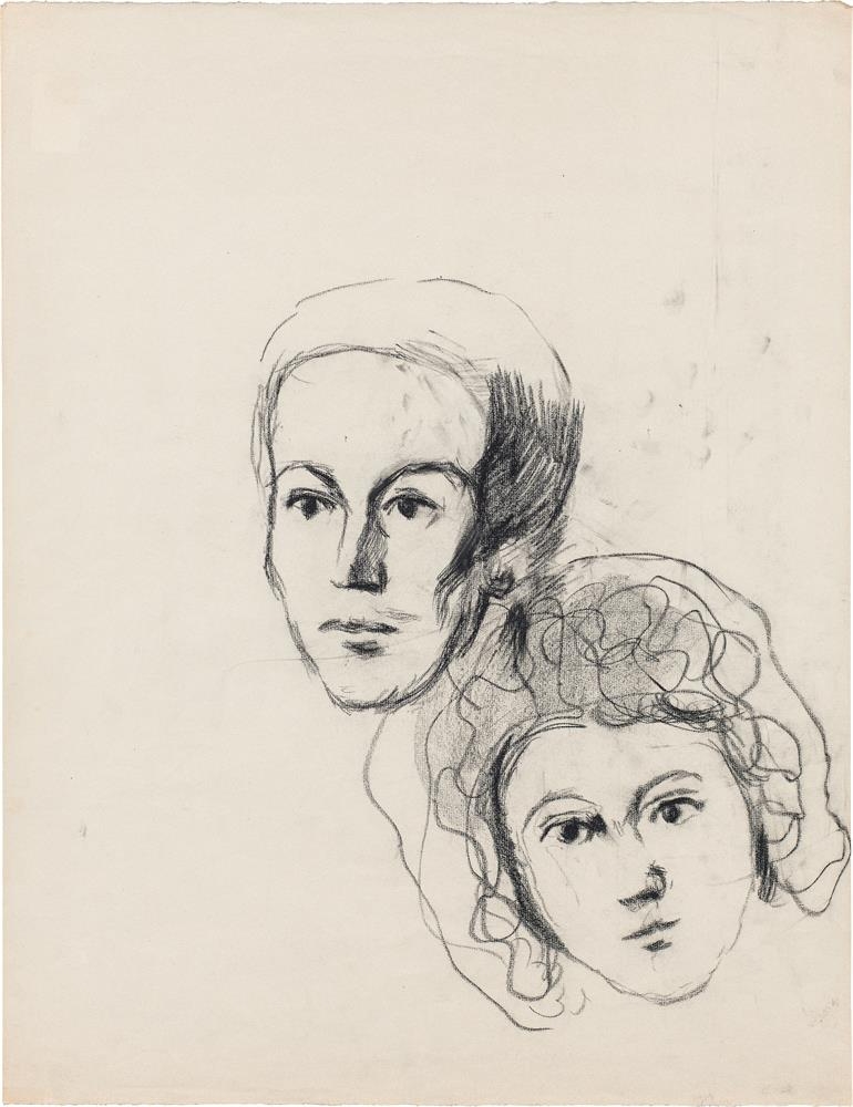 Artwork by Herbert Boeckl, Two portraits, mother and child, Made of black chalk on paper