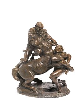 A bronze sculpture depicting a mythological scene with a rearing horse, two figures, and a central figure in dynamic motion.