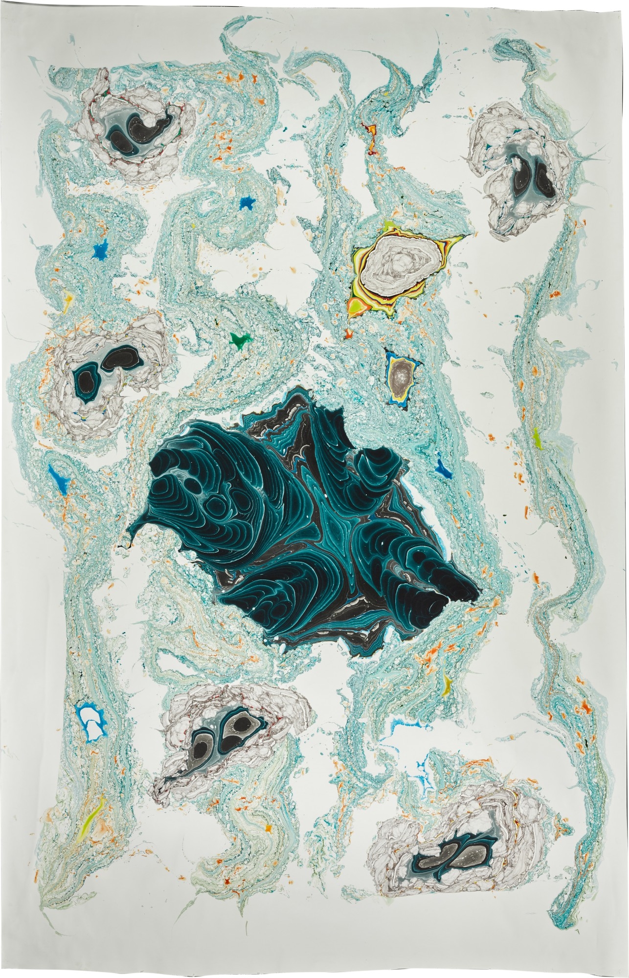 Artwork by Kerstin Brätsch, Unstable Talismanic Rendering 28 (with gratitude to master marbler Dirk Lange), Made of pigment, water color, ink and solvents on paper
